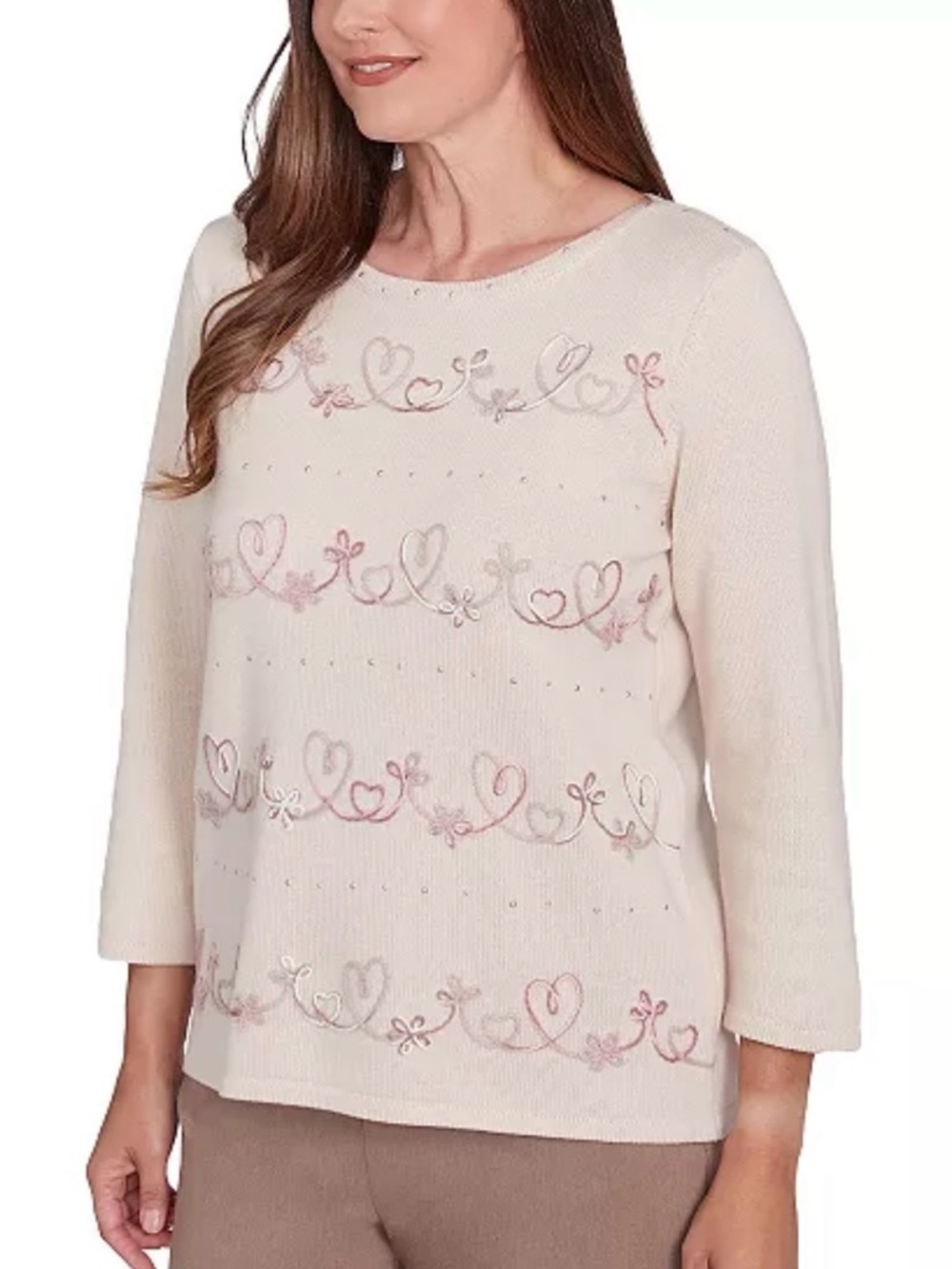 Alfred Dunner Cream Knit Sweater With Embellished Hearts